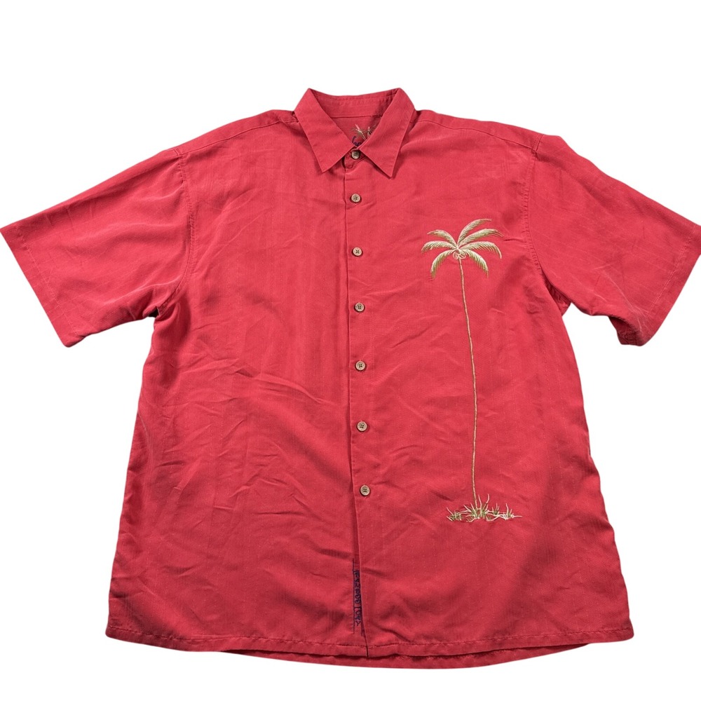 BAMBOO CAY Hawaiian Shirt Mens L Red Embroidered Palm Tree Red‎ Polynosic Rayon